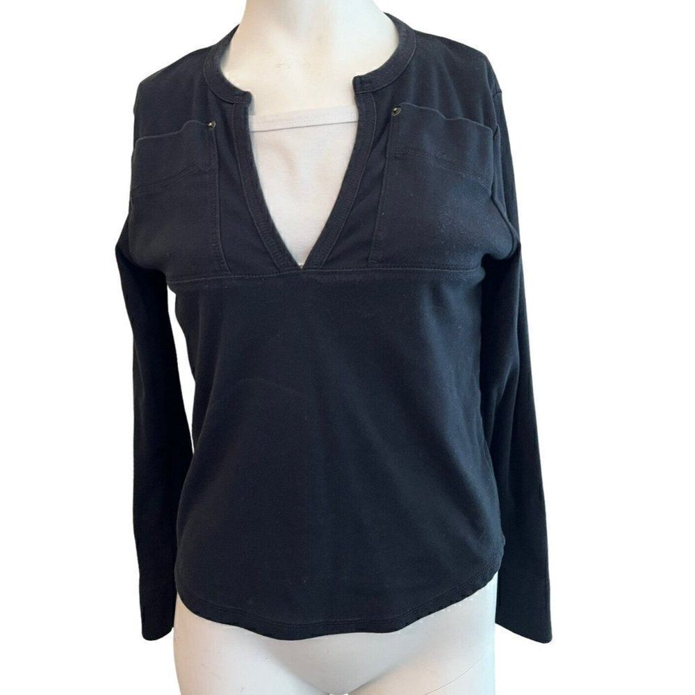 Ladies Medium Black Top V Neck White Cami Blouse Long Sleeve Chest Pockets